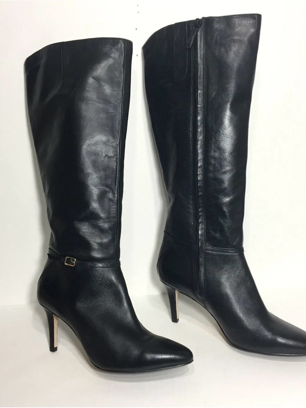 Cole Haan Black Leather Knee-High Stiletto Boots with Ankle Buckle